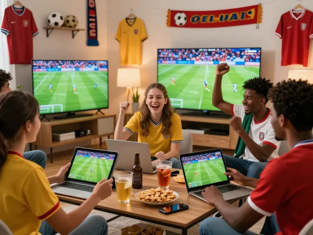 Xoilac streaming soccer fans celebrating a live match in a cozy living room.