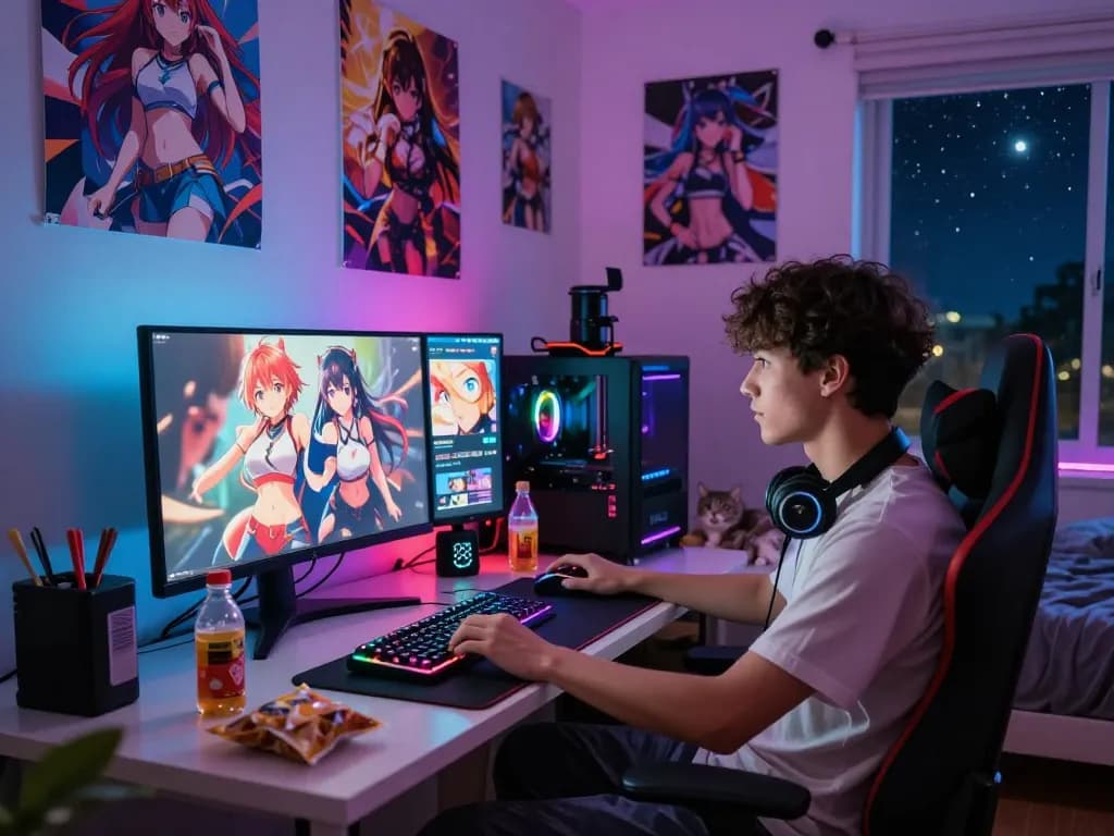 Gamer enjoying hentai games in a cozy bedroom setting with ambient lighting.