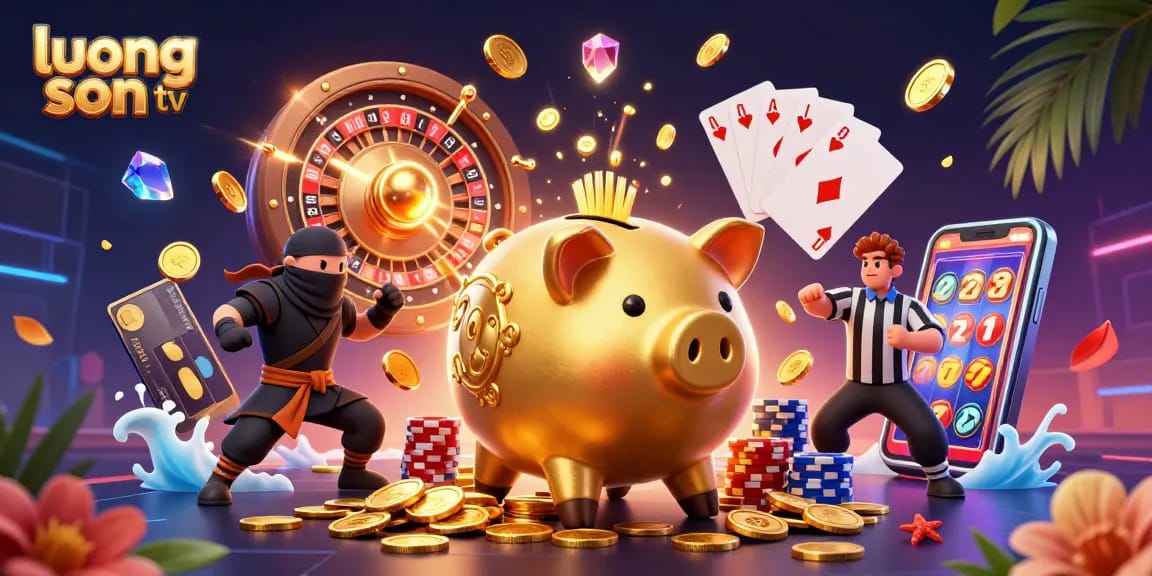 Experience thrilling wins at luong son tv, with a dynamic scene of animated characters and casino elements.