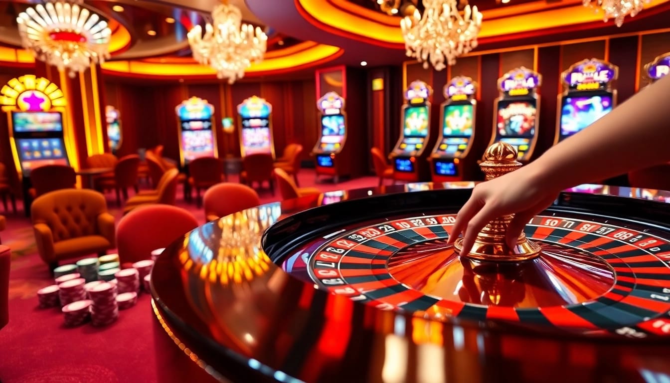 Place your bets at the qh88 casino's stylish roulette table amidst vibrant gaming excitement.