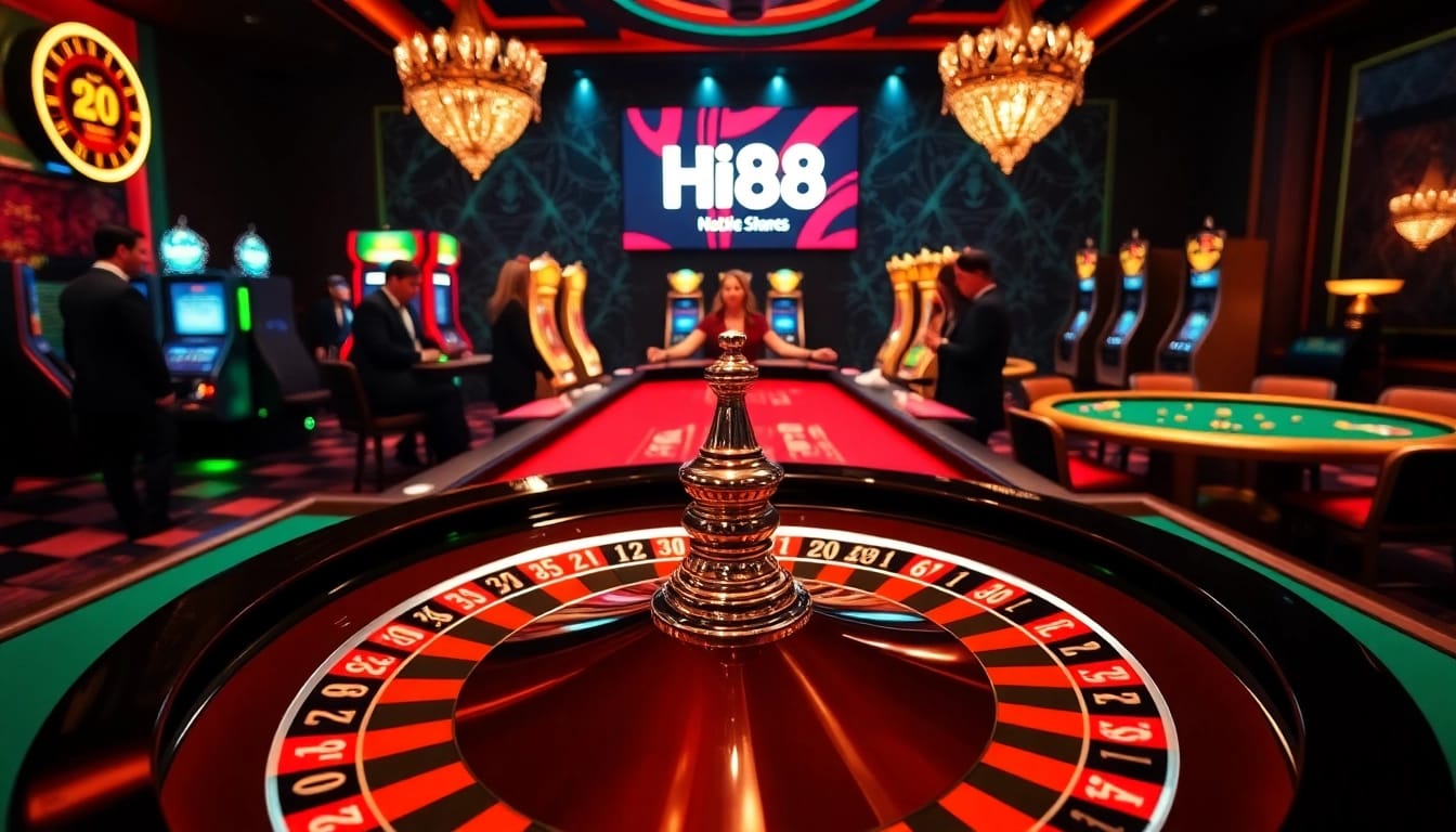 Exciting casino atmosphere featuring Hi88's vibrant roulette and slot gaming experience.