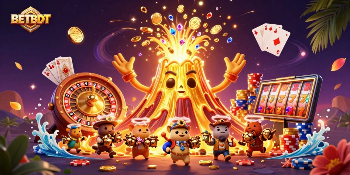 Experience the excitement at BETBDT as the golden volcano erupts with treasures in this dynamic casino scene.