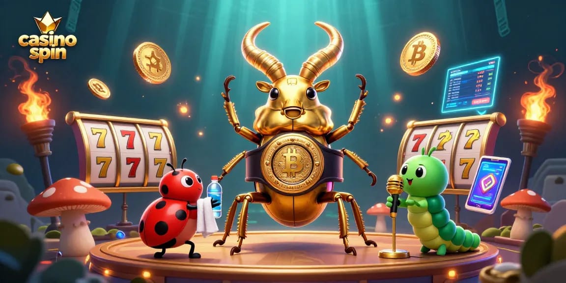 Engage with casino spin featuring a glowing stag beetle boxing champion in a vibrant casino scene.