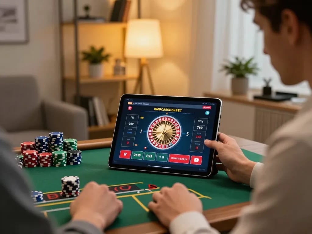 Engaging with BL555.COM on a tablet during an exciting online roulette game in a stylish home