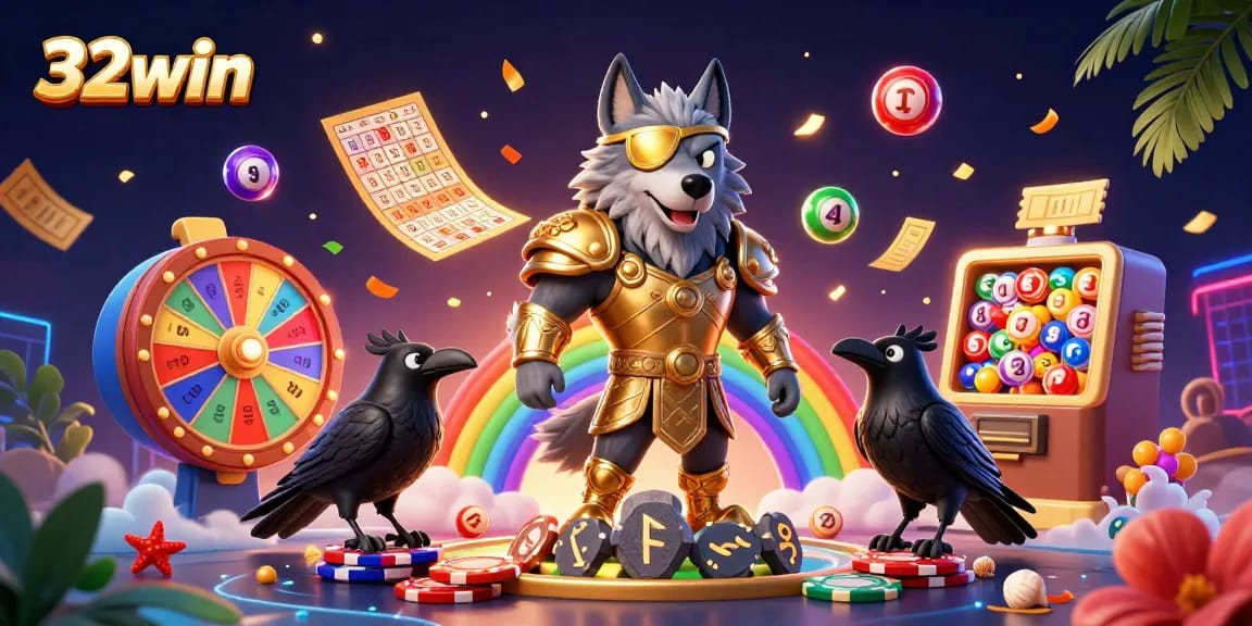Win big with 32win's vibrant 3D casino scene featuring Odin and dynamic gaming elements.