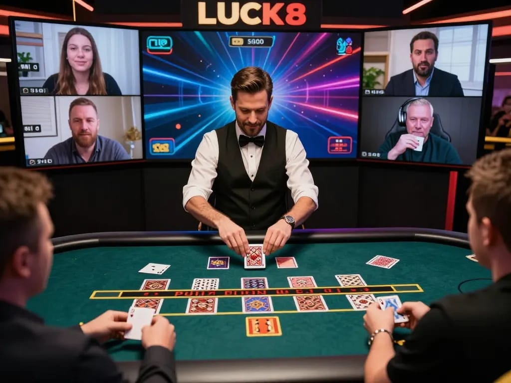 LUCK8 online casino players engaged in a dynamic live dealer game with charismatic dealer interaction