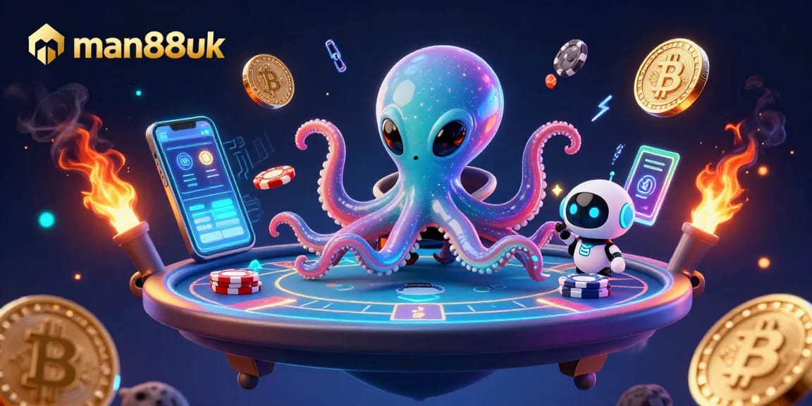 Experience thrilling poker gameplay with man88uk's vibrant 3D illustration featuring an alien octopus and robot.