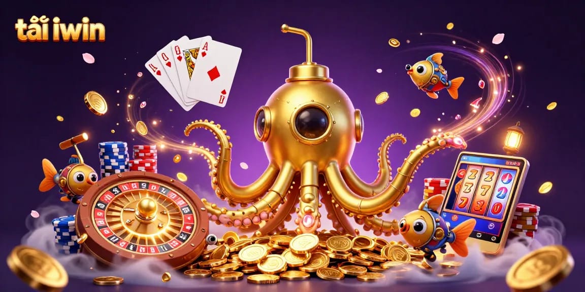 Experience the excitement of tải iwin with a vibrant 3D illustration featuring a golden kraken submarine amidst casino riches.