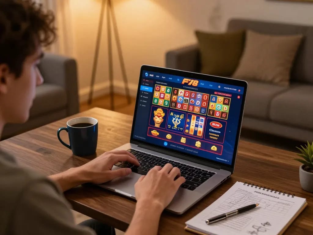 Engaging player using F168 online casino on laptop at home, focused on gameplay.