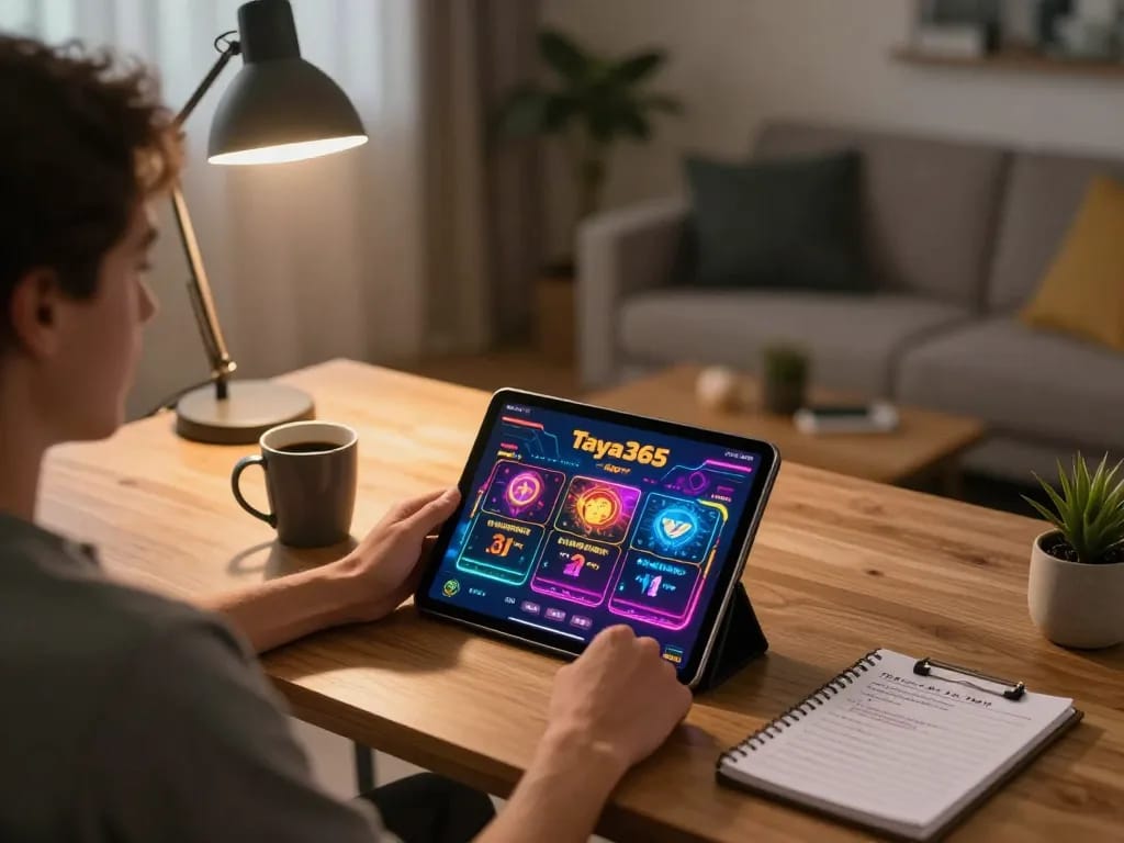 Engaging moment at https://taya365.ink/ where a player enjoys online casino games on a tablet in a cozy home setup.