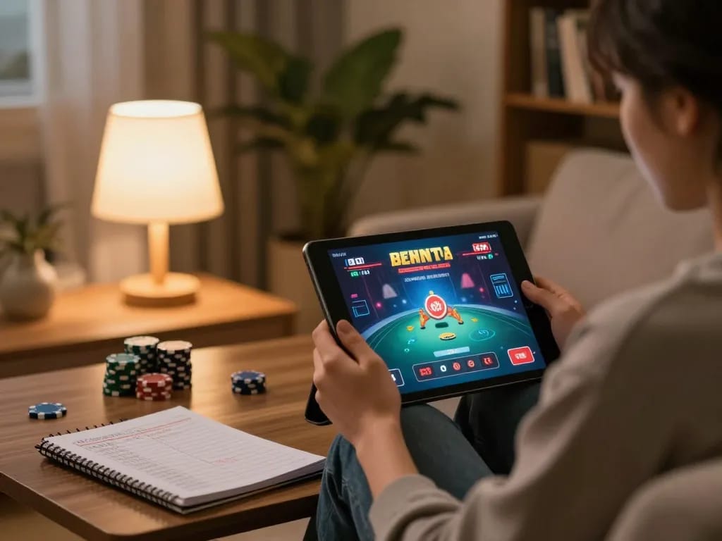 Person playing phsky online casino game on a tablet at home, with warm lighting and betting notes visible.