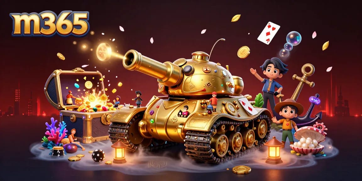 Play and win at m365 with a dynamic 3D casino scene featuring a golden beetle tank and treasures.