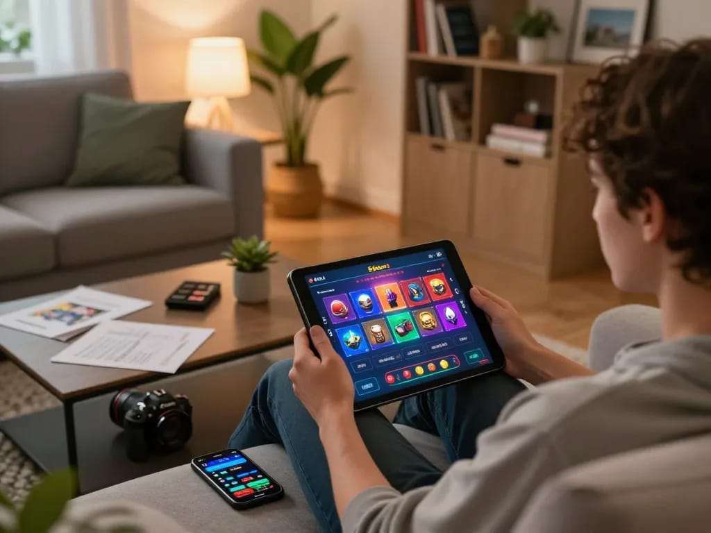 Engaging in Shbet online casino gaming at home, showcasing vibrant tablet interface and cozy setup
