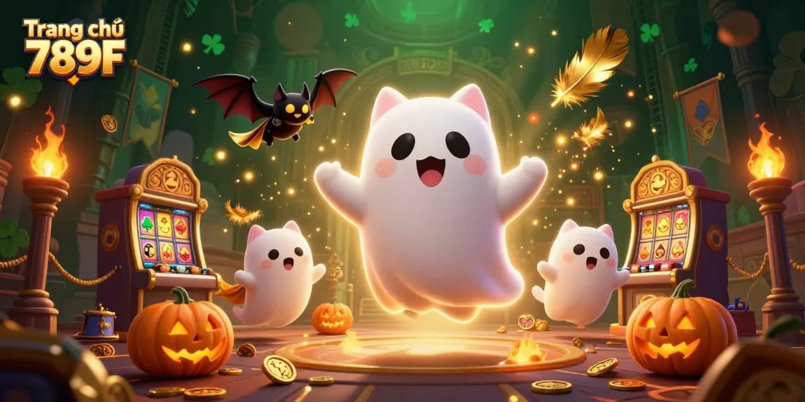Experience thrilling gameplay with Trang chủ 789F and a friendly ghost cat amidst glowing poker-themed jack-o-lanterns.