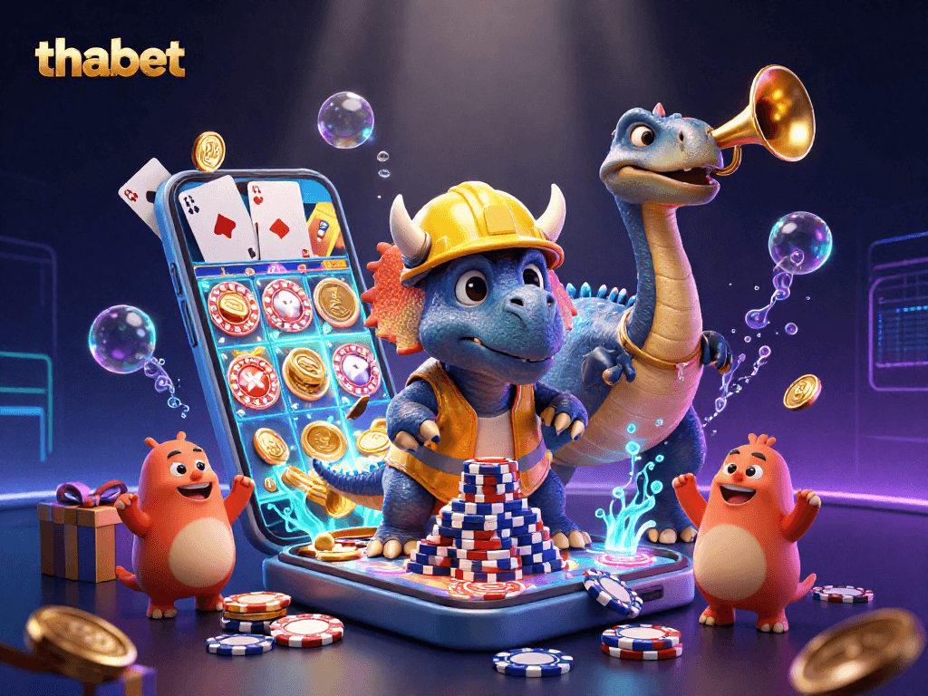 Experience thabet excitement with a triceratops building poker chips while golden coins erupt in celebration.