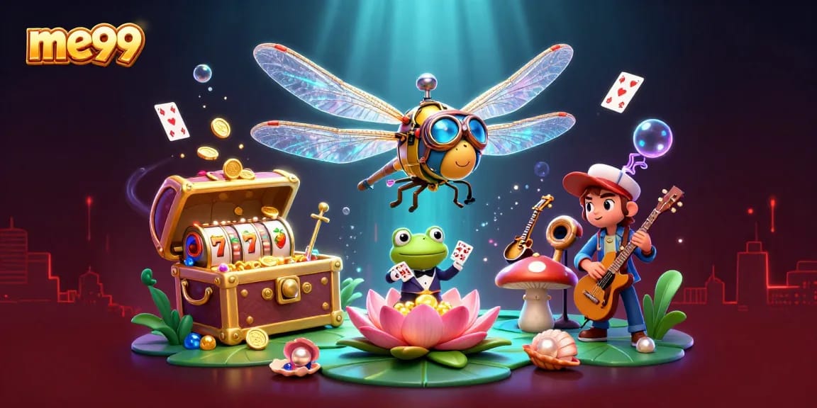 Experience thrilling online gaming with me99's vibrant dragonfly pilot and frog dealer at a lily pad casino.