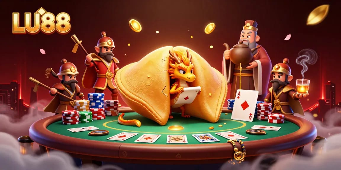 LU88 portrays a dynamic casino scene with a golden fortune cookie and poker elements, blending culture and gambling.