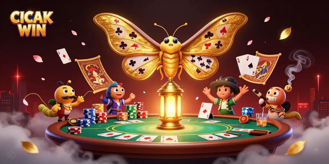 CICAK WIN showcases vibrant 3D casino elements featuring a majestic moth and dynamic poker action.