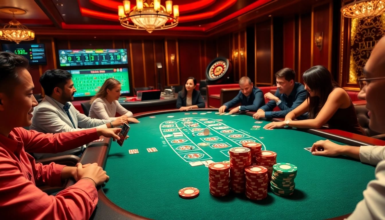 A poker game at thabet college showcases vibrant poker chips and thrilling gameplay in a luxurious casino setting.
