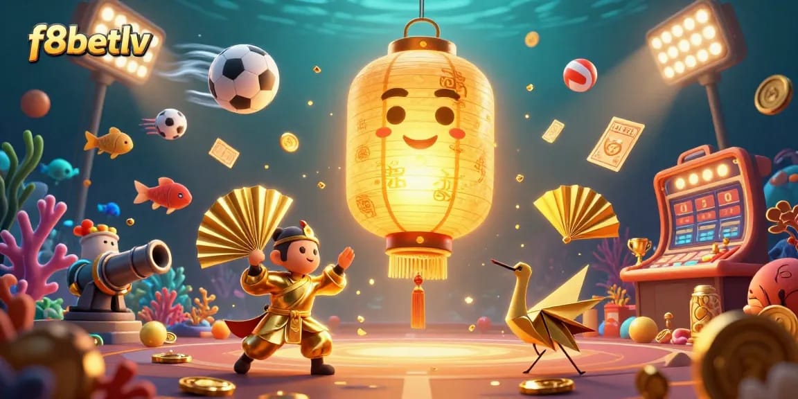 Experience thrilling fish shooting games and sports betting with f8betlv in this dynamic illustration.