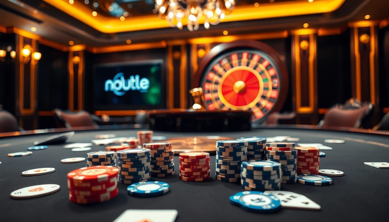 Play poker with excitement at nohu900.in.net featuring chips and a roulette wheel.