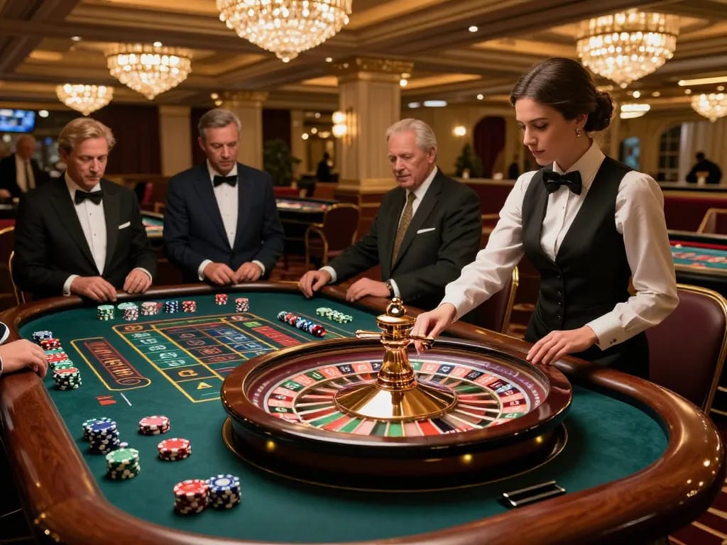 Max 79 players eagerly betting at a vibrant roulette table in an upscale casino.