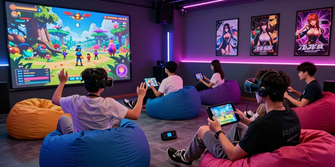 Players enjoying immersive hentai games online in a colorful gaming lounge.
