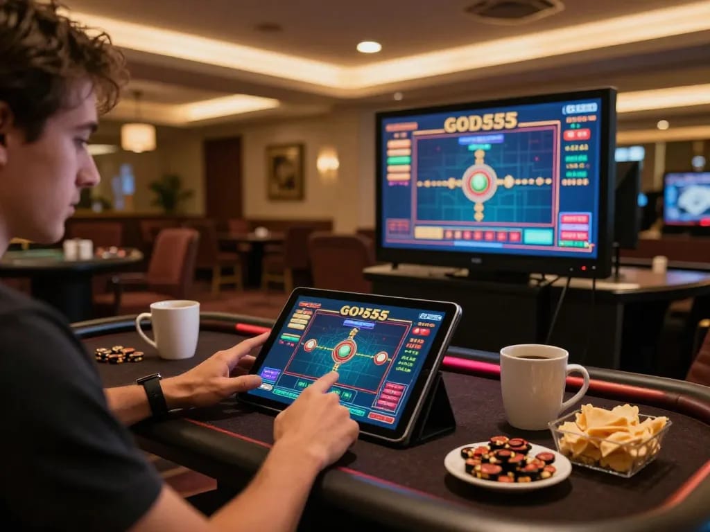 Engaged player enjoying god55 gaming on a tablet in a cozy home setting with snacks and drinks.