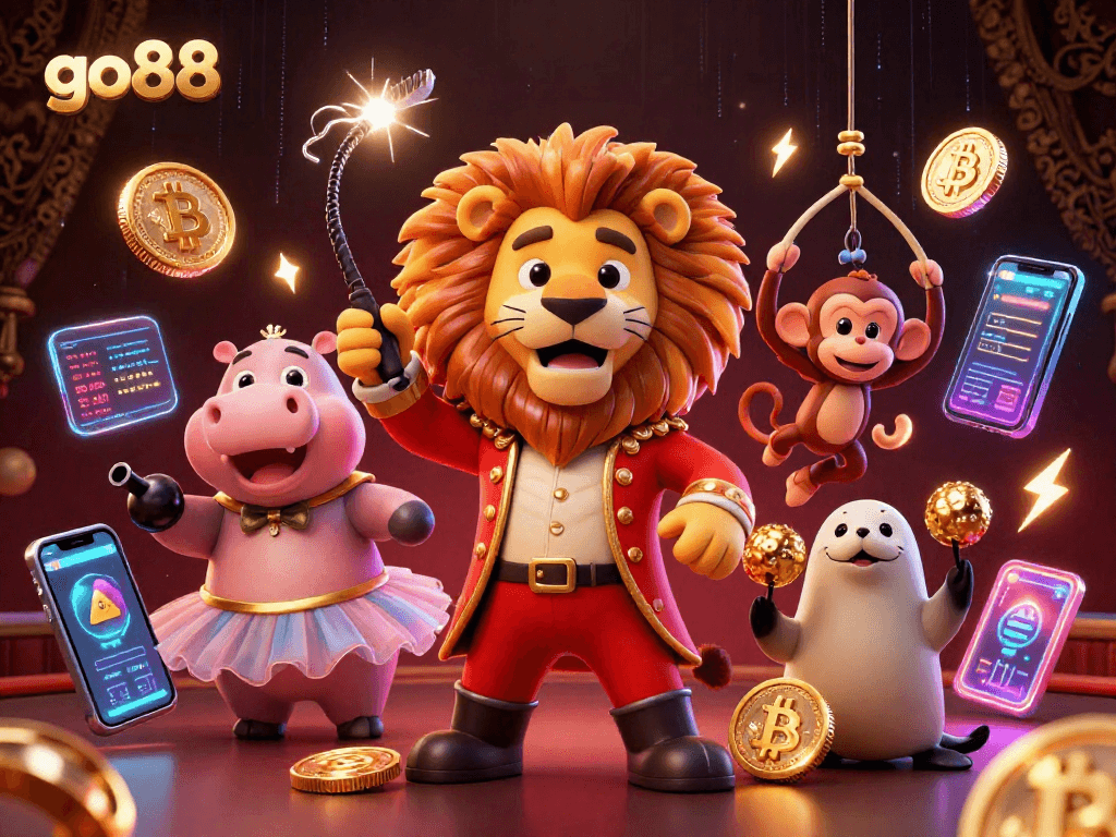 Experience the thrilling world of go88 with a vibrant 3D digital casino scene featuring unique characters and crypto elements.