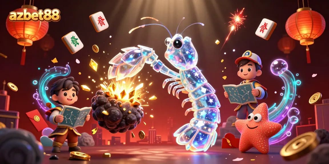 azbet88's galactic samurai mantis shrimp conquers an asteroid bursting with treasures, immersed in a vibrant casino adventure.