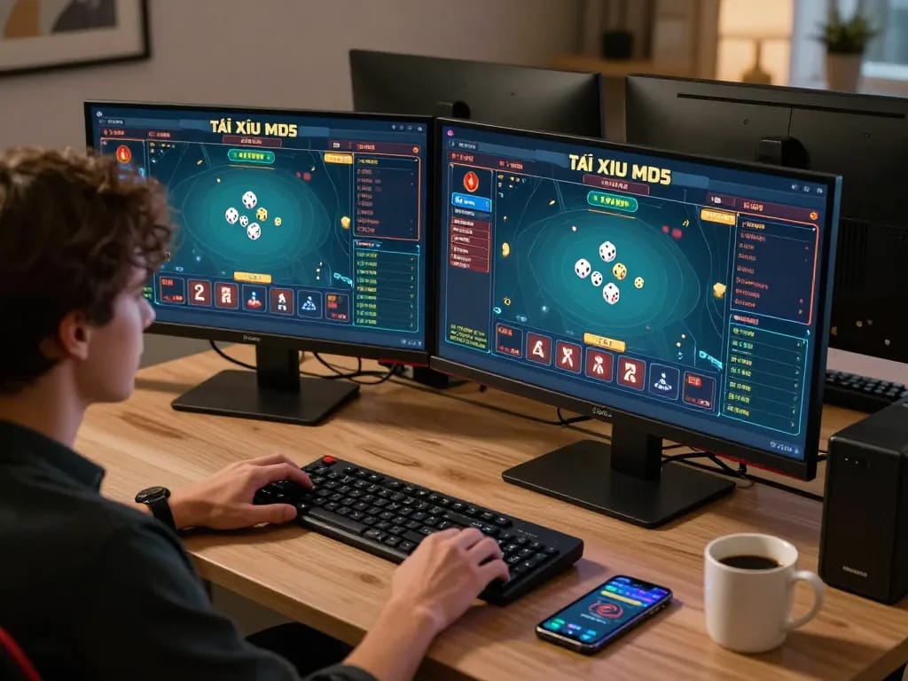 Engaged player analyzing Tài Xỉu MD5 game on multiple screens during an online gaming session.