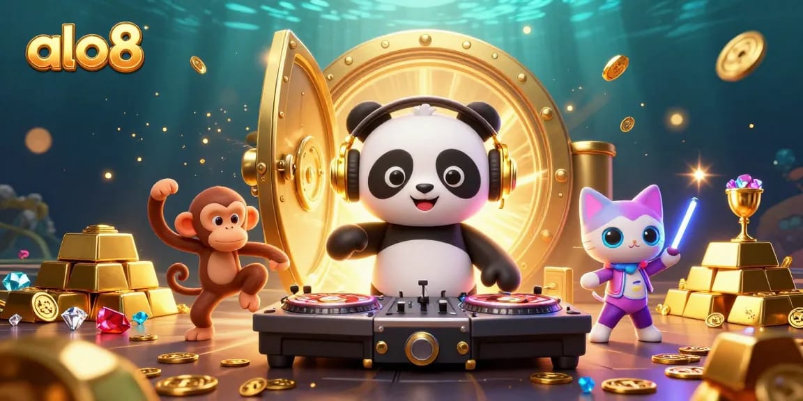 Experience excitement at alo8 with a vibrant 3D DJ panda and gold treasures in a casino scene.