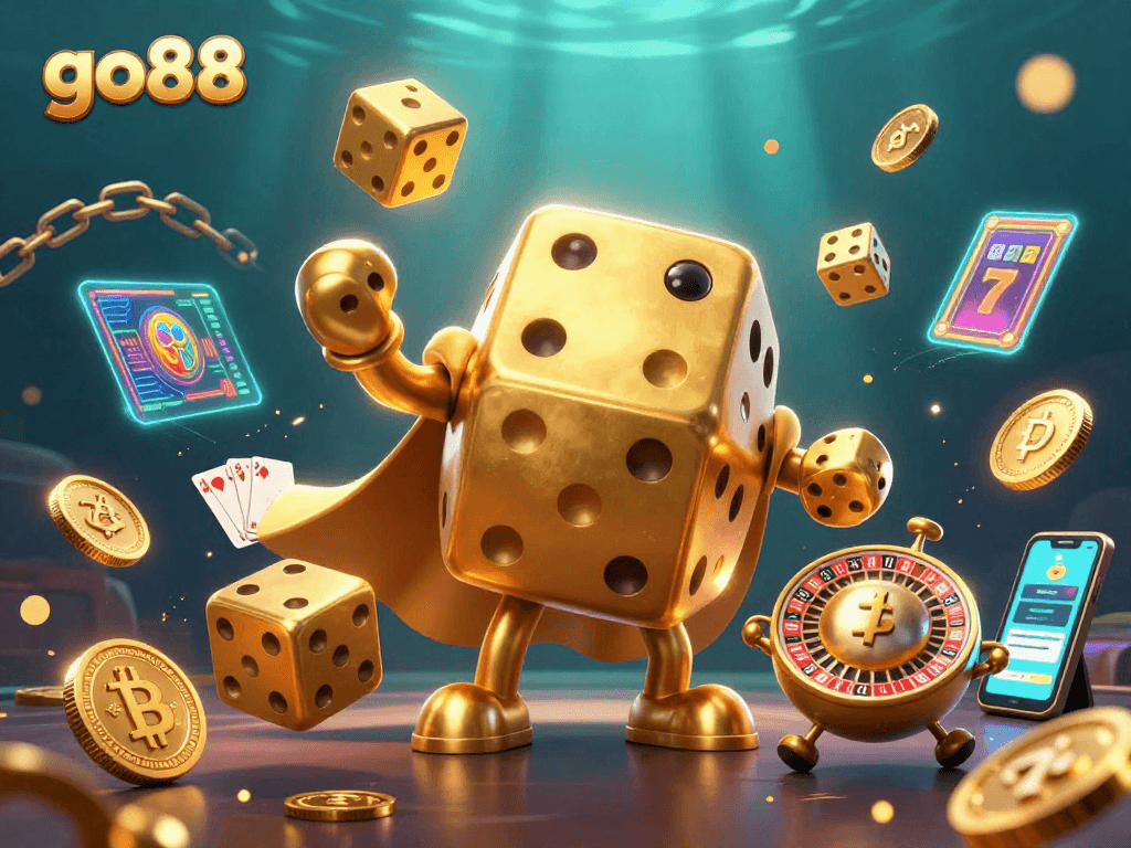 Experience the excitement of go88 with a vibrant 3D illustration showcasing dynamic casino elements.