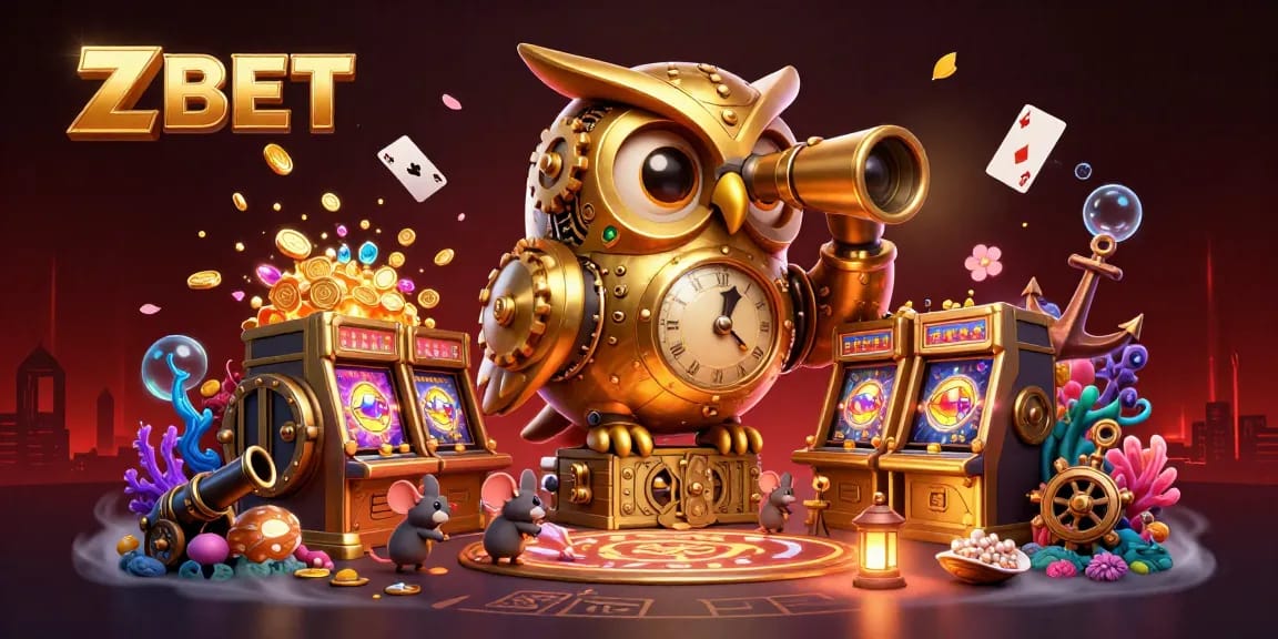 ZBET showcases a golden owl and wind-up mice in a vibrant casino atmosphere, capturing action and excitement.