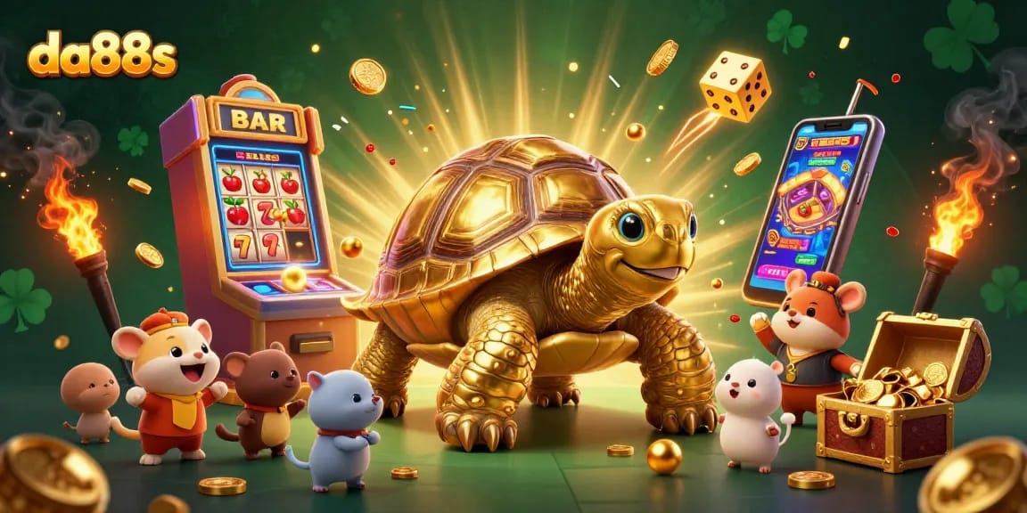 Engage with exciting slots at DA88S, featuring a vibrant, animated scene with a golden tortoise and slot machine