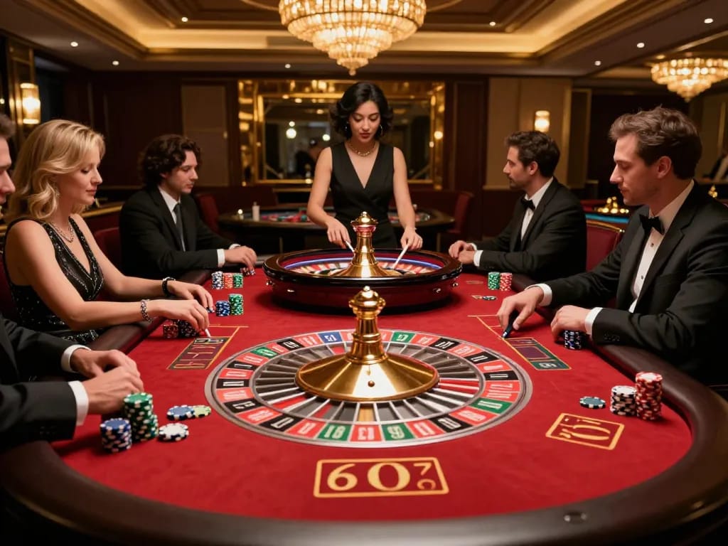 Players engaging in roulette bets at the nohu casino, showcasing excitement and luxury decor.
