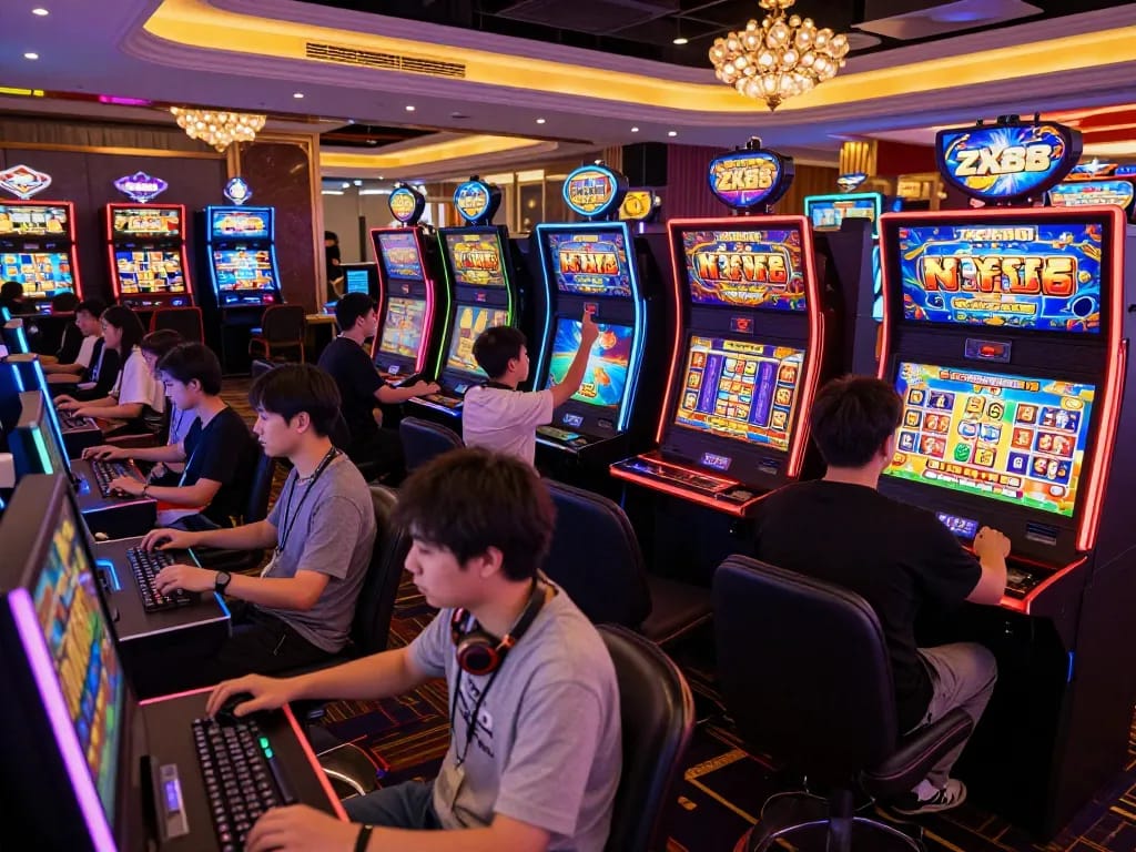 Exciting ZX88 nổ hũ gaming scene with players celebrating wins and vibrant slot machines in a lively casino atmosphere.