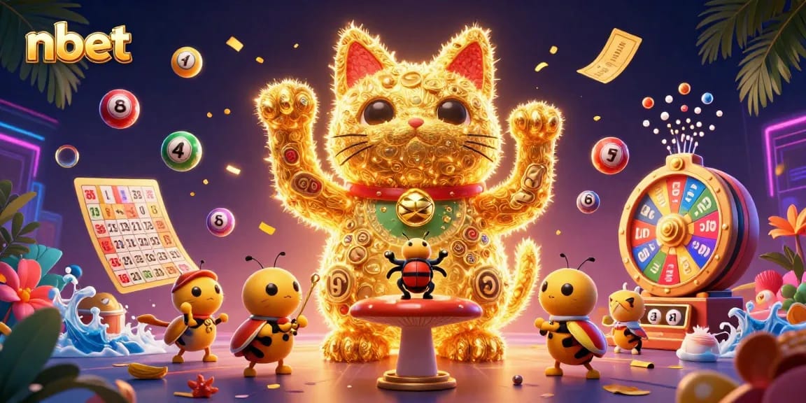 Experience excitement with nbet's giant lucky cat casino illustration featuring dynamic lottery elements and vibrant visuals.