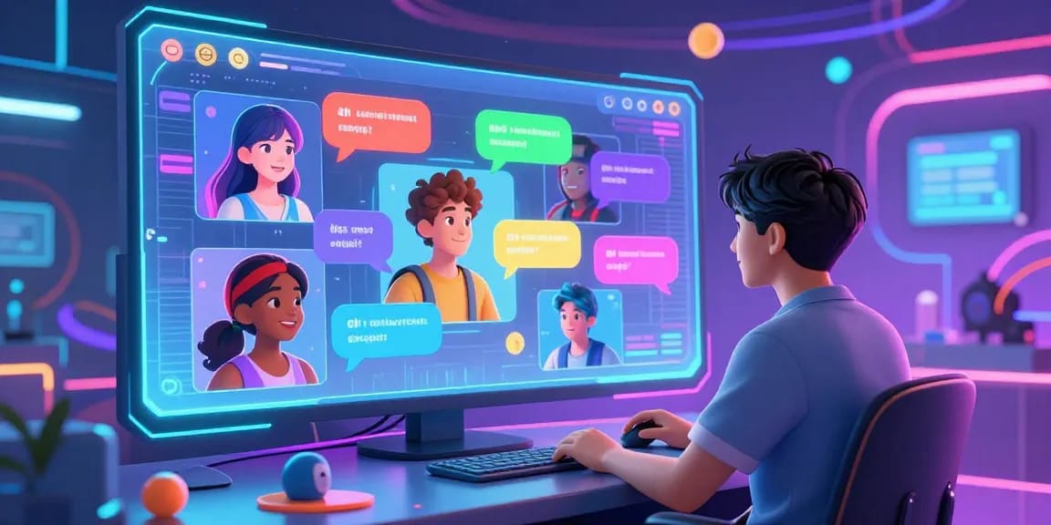 Engaging scene of a user in a futuristic chatroom enjoying ai ecchi chat with diverse anime characters and vibrant dialogue.