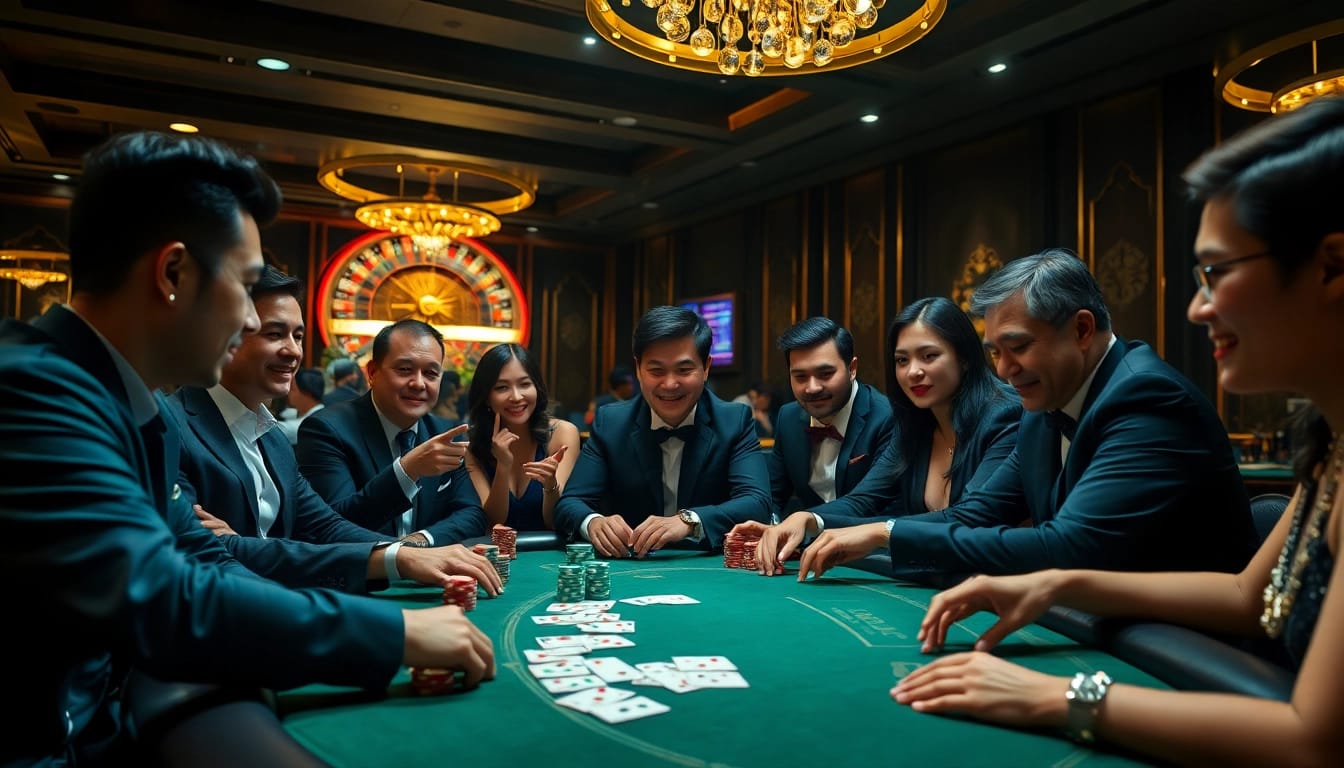 Excited players at nhà cái thabet poker table, showcasing professional gambling atmosphere.
