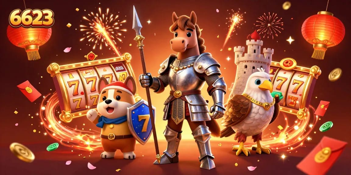 Experience the excitement of 6623 with a vibrant casino scene featuring knights and slot reels.
