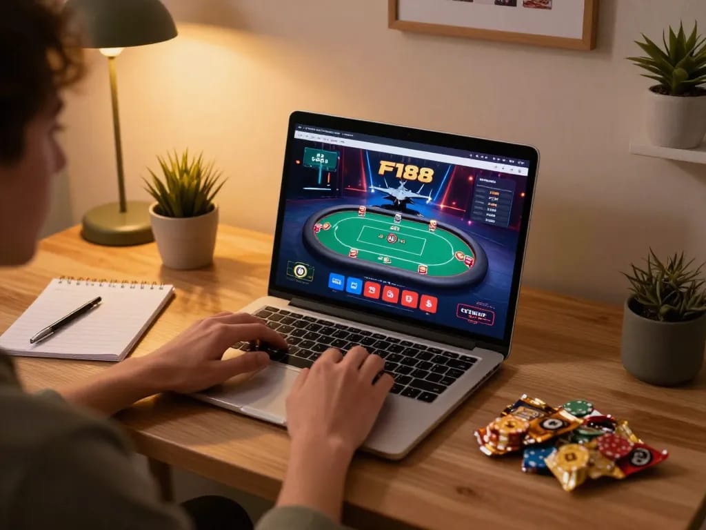 Player engaging with F168 online casino on a laptop in a cozy home setting