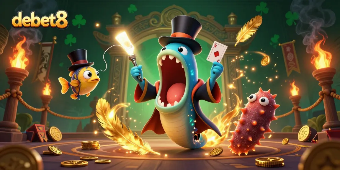 Engage with debet8's exciting casino adventure where a bioluminescent eel performs tricks among dazzling gold coins and game elements.