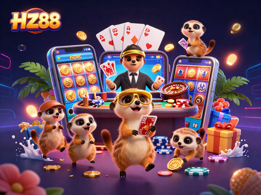 HZ88 meerkats operating a vibrant casino in a colorful, dynamic scene full of gaming action.
