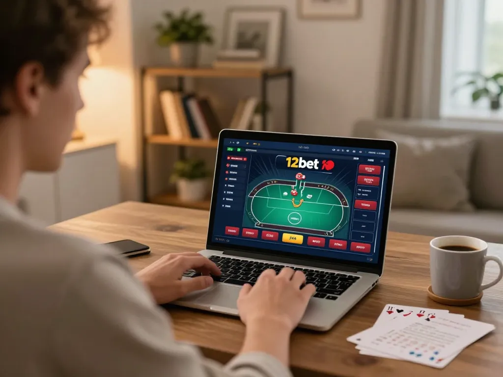 Player engaged with 12bet online casino using laptop, warm home atmosphere