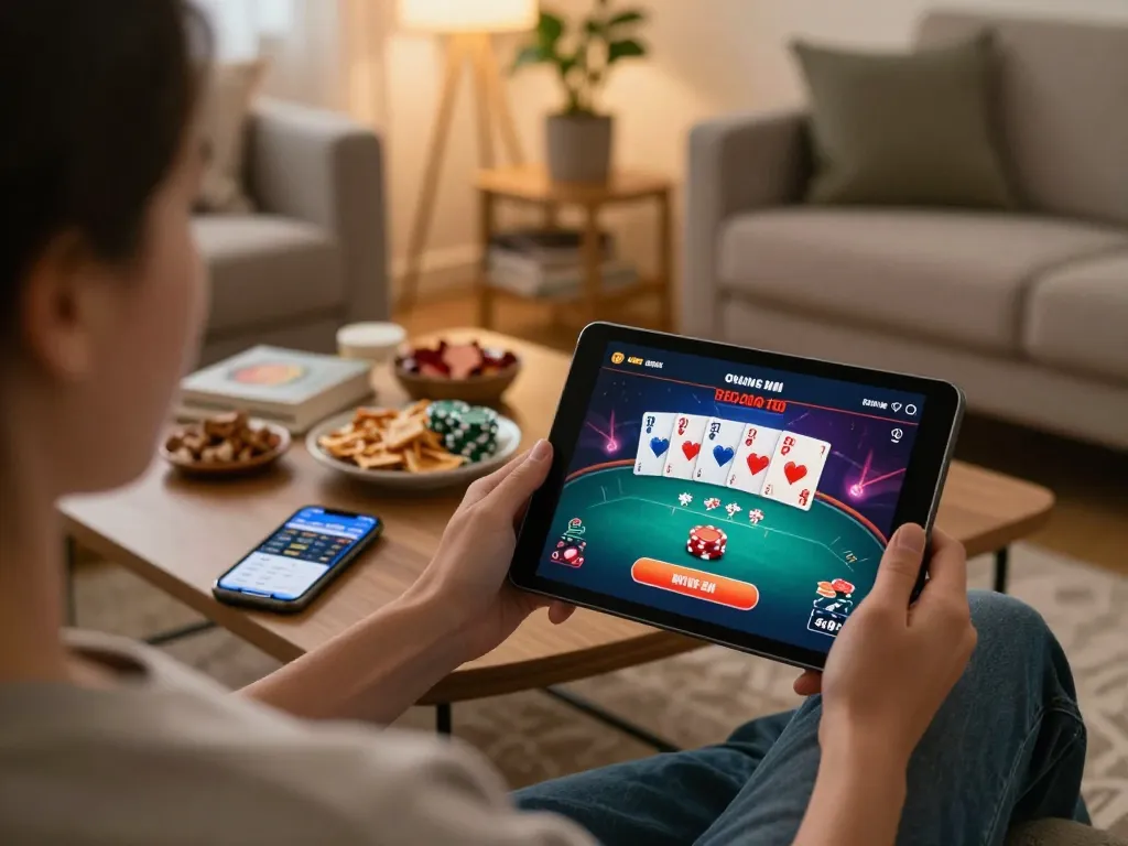 Play online poker at lc88 club on a tablet in a cozy home setting with snacks and engaging atmosphere.