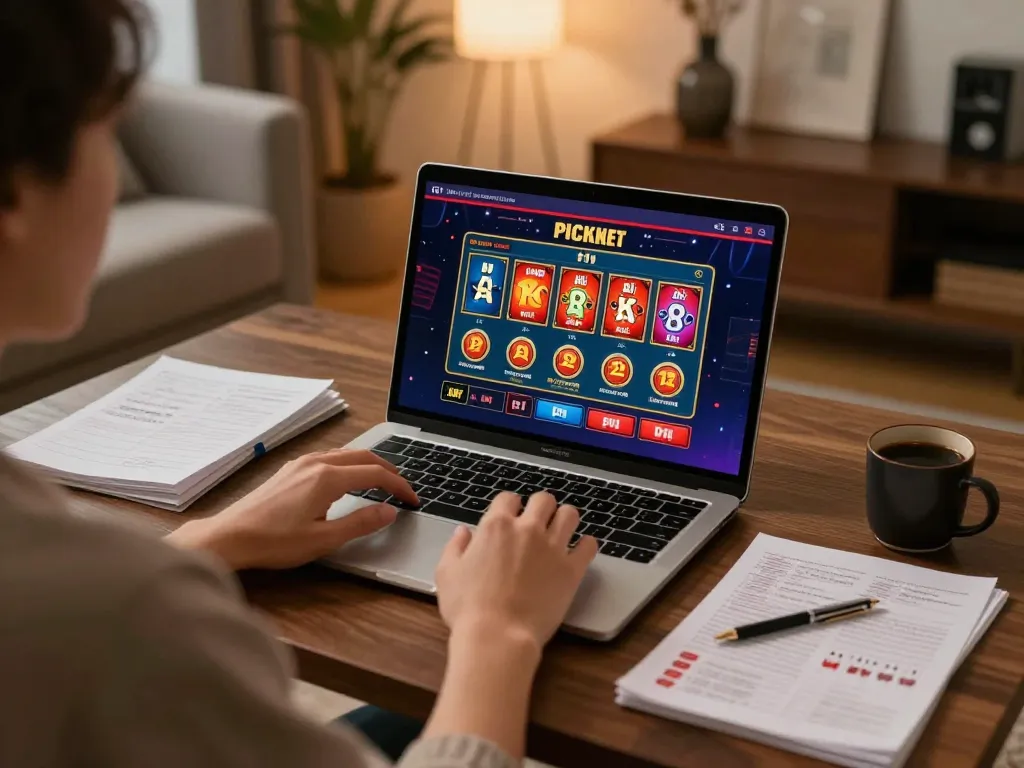 Player engaging in online gaming at home with lu88xz, featuring poker tables and strategy notes for better betting.