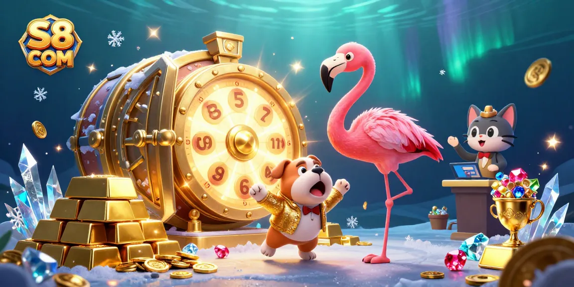 S8 COM brings excitement with a game show host spinning a prize wheel amidst treasures and gold.