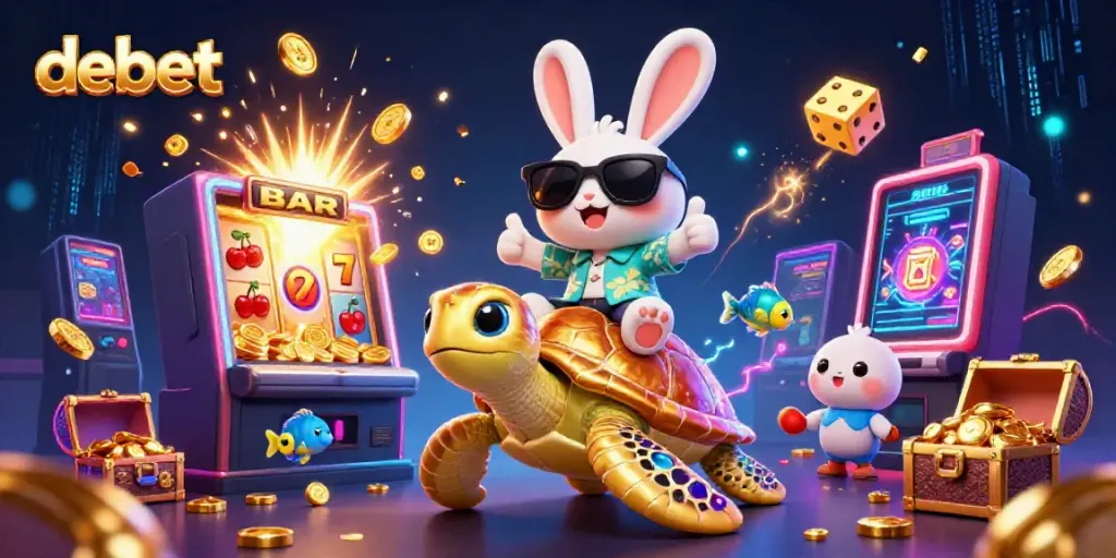 Experience the thrill of winning with debet's exciting games, featuring vibrant characters in a dynamic casino environment.