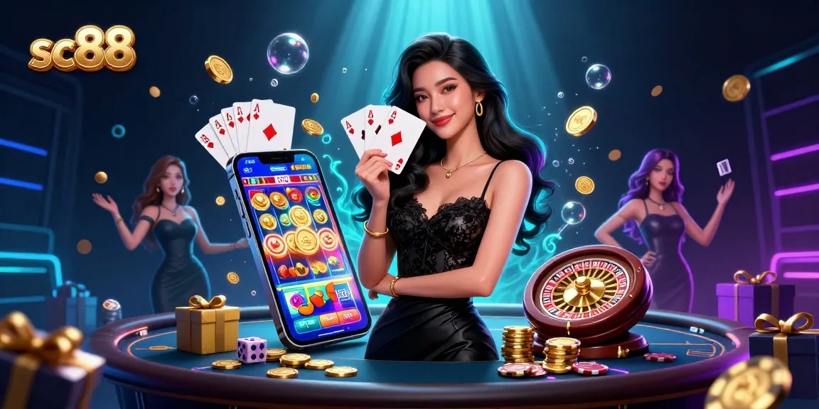 sc88 immersive experience with an elegant Asian woman holding playing cards in a vibrant casino